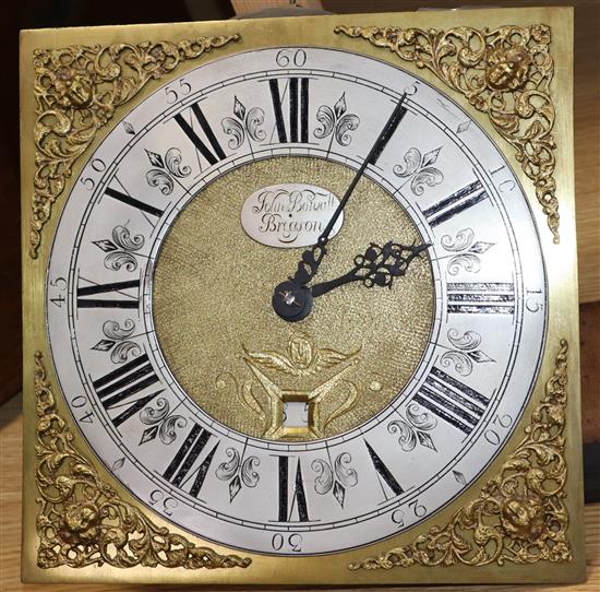 A George III hour longcase clock movement, with square brass dial signed John Bonsall, Breason 29cm